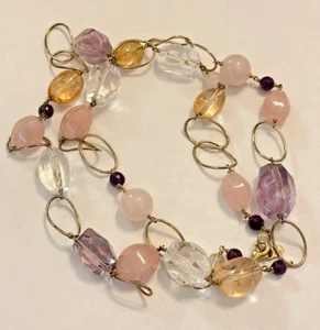 J & T Beaded Necklace Amethyst Rose Quartz Citrine Sterling Silver Gold Over 28" - Picture 1 of 7