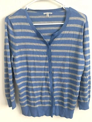 Cárdigan suéter halógeno para mujer talla grande azul gris a rayas botón tejido frontal Foto 1 de 4