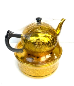 Vintage Style Thai Pikul Pattern Gold Teapot Side Handle Alumium with Tray Gift - Picture 1 of 11