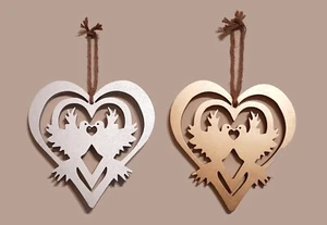 Hanging wooden hearts, kissing doves silver or gold, vintage style 25cm wide-NEW - Picture 1 of 1