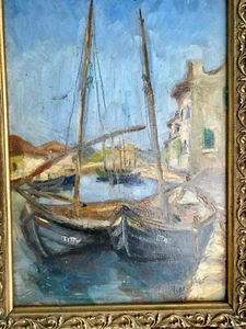 HUILE SUR CARTON EMILE OSIETZKI 1880-1954 barque de pêche 33/23 cm double face - Imagen 1 de 5