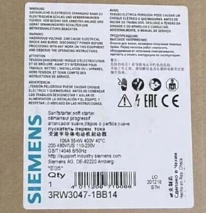 3RW30471BB14 NEW SIEMENS 3RW3047-1BB14 SIRIUS Soft Starter S3 106 A 55 kW/400 V - Picture 1 of 3