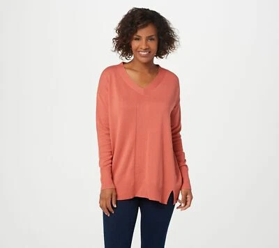 Novo Suéter H by Halston XS Decote V Namorado Costelas Detalhes Coral Rosa QVC 2998 - Imagem 1 de 4