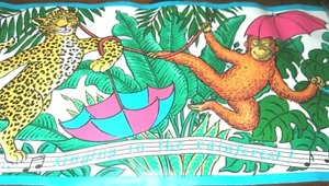 Jungle Animals Monkey Parrot Leopard White Wallpaper Border EH99935 Teal Blue - Picture 1 of 2