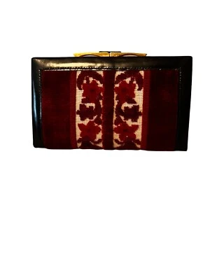 VTG Floral Carpet Bag Tapestry Leather Wallet Floral Maroon Red Chenille NOS - Image 1 of 4