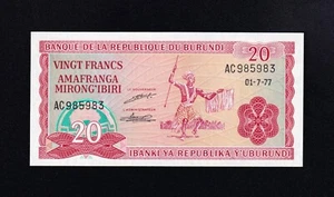F.C. BURUNDI , 20 FRANCOS 1977 , S/C- ( AUNC ) , MARCAS , P.27a . - Imagen 1 de 2