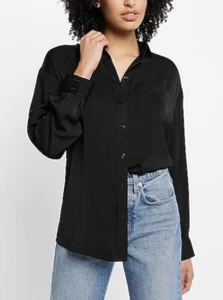 EXPRESS Black Satin Boyfriend Button Up SHIRT Blouse Top Tee Long Sleeve Size XS - Picture 1 of 3