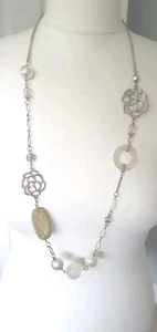 Oasis Long Necklace - Silver Tone Chain & Charms - Pearl, Crystal, Shell Beads - Picture 1 of 4