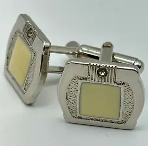 Cufflinks Silver Color Beige Square CZ Accent 3/4" Mens Suit Formal Dress Wear - Picture 1 of 7