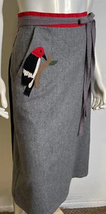 VTG 60s Woodpecker Bird Applique Wool Wrap Skirt S 4 6 8 Retro Gray Red Crabtree - Picture 1 of 14