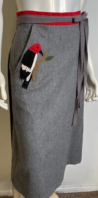 VTG 60s Woodpecker Bird Applique Wool Wrap Skirt S 4 6 8 Retro Gray Red Crabtree - Image 1 of 4