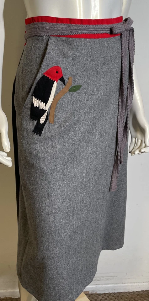 VTG 60s Woodpecker Bird Applique Wool Wrap Skirt S 4 6 8 Retro Gray Red Crabtree - Image 1 of 4