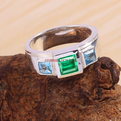 Labor Erstellt Smaragd Edelstein Mit 18K Weiß Vergoldet Silber Herren Ring #1873 - Bild 1 von 4