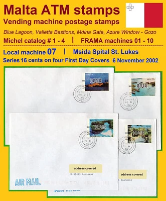 MALTA 2002 FRAMA ATM 1-4 / machine 07 / Msida / Series 16c on four FDC - Image 1 of 3