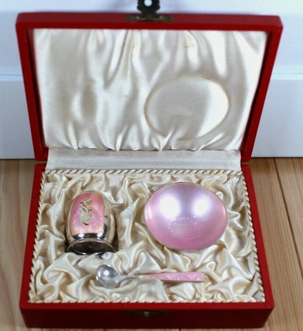 Denmark 1950’s Sterling Silver and pink  Guilloche Enamel Salt & Pepper Set Cover