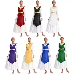 Womens Dancewear Lace-Up Dress Satin Tunic Dancing Performance Costume Worship - Picture 1 of 78