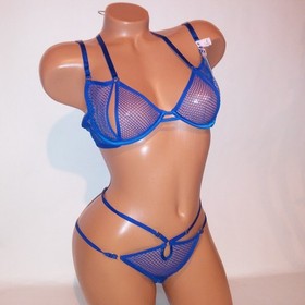 Victoria Secret Bra Set Bra & Panty Low Cut Demi Blue Mesh Strappy Very Sexy New