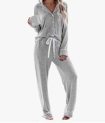 Conjunto de pijama para mujer manga larga con botones ropa de dormir talla grande gris claro Foto 1 de 4