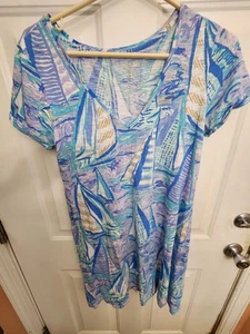 Lilly Pulitzer Jessica Dress Blue Short Sleeve V Neck Pullover Women's Size Med. - Picture 1 of 5
