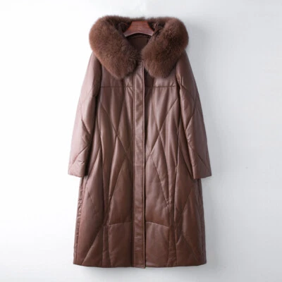 Womens Real Fox Fur Collar Leather Hooded Down Jacket Coat Mid Long Overcoat New - Image 1 of 4