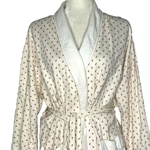 Anne Lewin Cotton Robe Womens S Ivory Cherry Tie Waist Pockets Long Sleeves - Picture 1 of 8