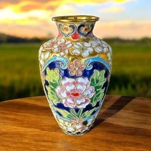 Vintage 1970’s Cloisonné Enamel Vase Blossoming Flowers All Over 4” Art Decor - Picture 1 of 7