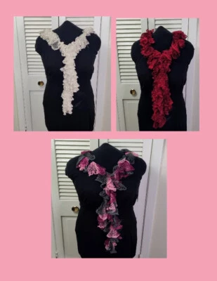 Womans Victorian Ruffle Scarves Set of 3 White Red Pink Gray 60" Ships from USA - Image 1 of 4