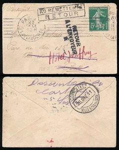 FRANKREICH 1911 nach PORTUGAL + RETOUREN MINIATURUMSCHLAG + MASCHINENSTEMPEL WEIHNACHTEN - Bild 1 von 1