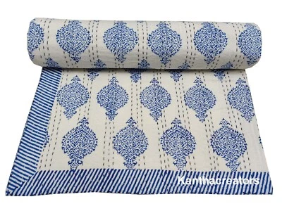 Manta Kantha reversible de algodón hecha a mano colcha edredón indio Foto 1 de 4