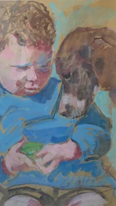 THE FROG child dog signed CAILLOTIN painting vintage antique 1 - Picture 1 of 10