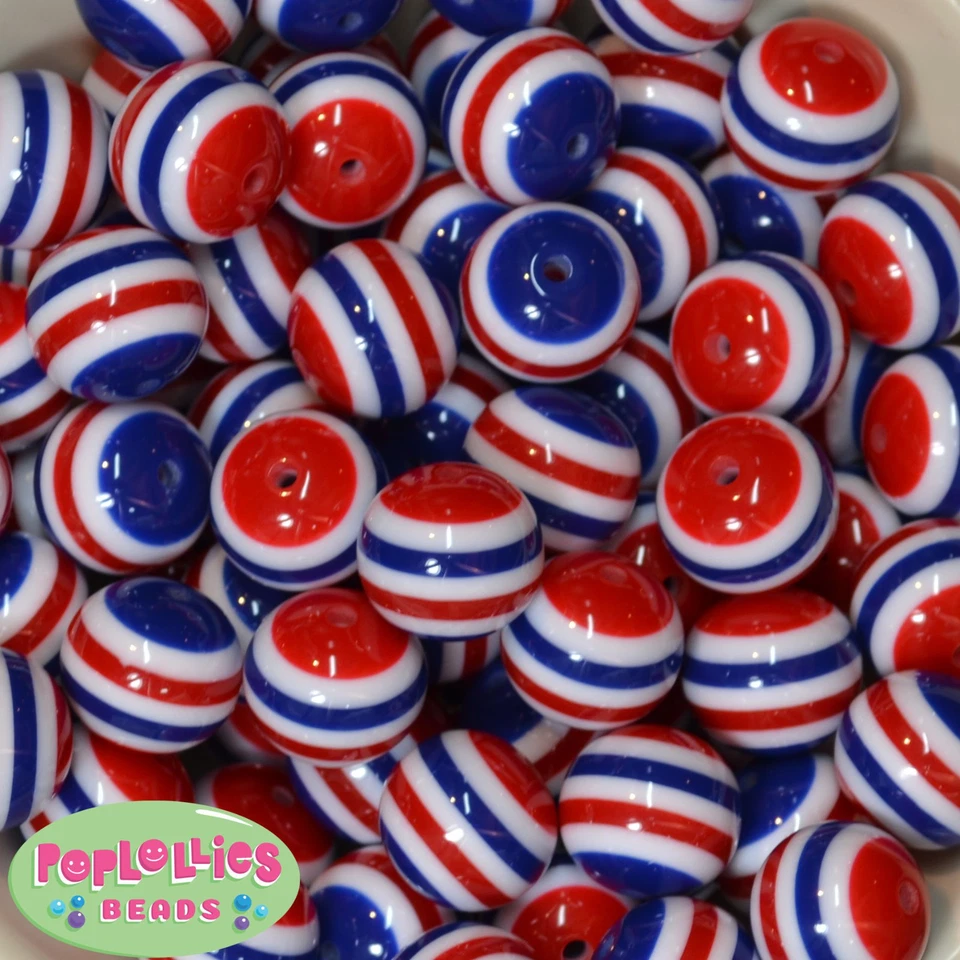 20mm Red White and Blue Stripe Patriotic Bubblegum Beads 20 pc Resin Chunky - Image 1 of 1