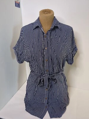 Forever 21 Blue White Striped Shirt Golf Beach Vaca Dress sz S Waist Tie Button - Image 1 of 4