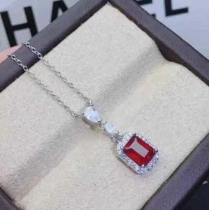 3.0Ct Emerald Cut Lab Created Ruby Halo Pendant 14K White Gold Plated Free Chain - Picture 1 of 6