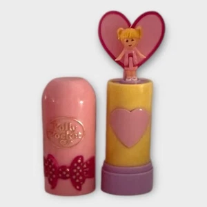 POLLY POCKET 1992 Pop Up PINK Bow Lipstick w/ a Polly EXCELLENT GOLD LOGO - Bild 1 von 11
