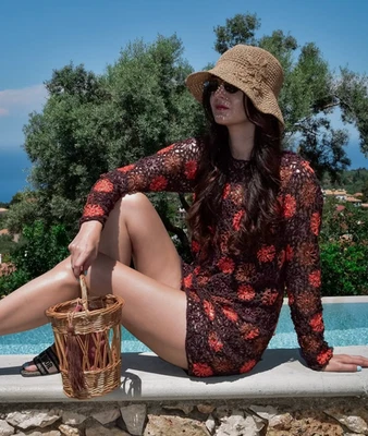 ZARA Brown & Orange Floral Crochet Knit Mini Dress Size M  Blogger Holiday - Image 1 of 4