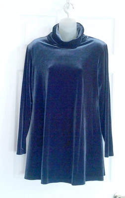 DG2 Diane Gilman Stretch Velvet Turtleneck Top L Blue Shoulder Pads Pullover - Image 1 of 3