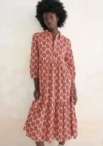 ZARA Damen Gr. S Geometrisches Muster Stufen Fließend Baumwolle Midi KLEID Kragen Rot - Bild 1 von 10