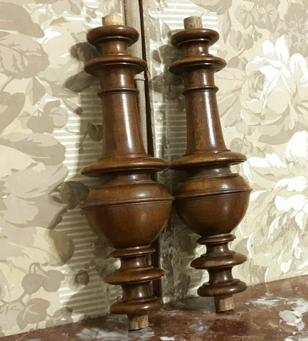 2 Spindle baluster wood turned column - Antique french architectural salvage 11" Cover