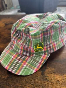 John Deere Womens Girls Adjustible Pink Green Plaid Hat Cap Farm USED - Picture 1 of 3