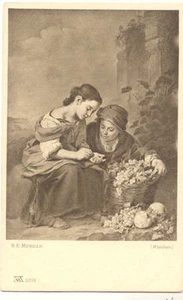 JUNGE MÄDCHEN OBSTKORB SEPIA B E MURILLO Vintage Postkarte - Bild 1 von 1