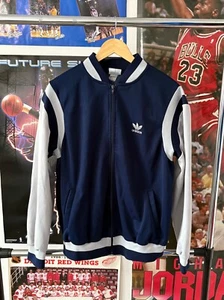 Vintage 80s Adidas Navy Blue Gray Striped Retro Logo RARE Tack Jacket Size XL - Picture 1 of 4