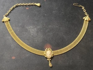 FLORENZA Tortoise Shell Cameo Mesh Choker Gold Tone Vintage Necklace Jewelry - Picture 1 of 9