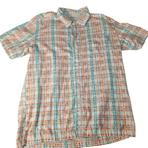 Columbia PFG Shirt Mens Medium White Orange Plaid Button Up Short Sleeve Fishing - Picture 1 of 11