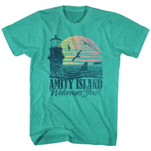 Jaws Vintage Amity Island Welcome Postcard Men's T Shirt Sunset Green Heather - Picture 1 of 6