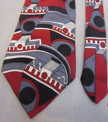 Screenplay by Martin Wong Neck Tie All Silk USA red black gray geometric design - Image 1 of 4