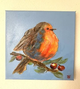 Original Acrylic/Oil Canvas Textured Painting Cute Robin Bird Portrait by ili - Picture 1 of 7