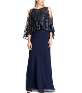 Ralph Lauren Womens Sequined Overlay Georgette Gown Dress $280 Navy 2 NWT NEW - Picture 1 of 3