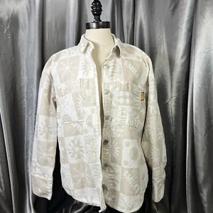 Smiley x H&M Womens XS Oversized Denim Shacket Shirt Beige White Button Up Smile - Picture 1 of 13