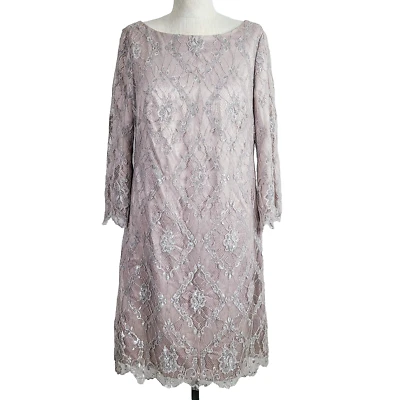 Eliza J Dress 8 Beige Silver Shimmer Lace Evening Occasion Knee Length Shift - Image 1 of 4