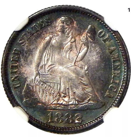 1882 Seated Liberty Dime, NGC MS64 Very Pretty Toning, Better Coin Cover